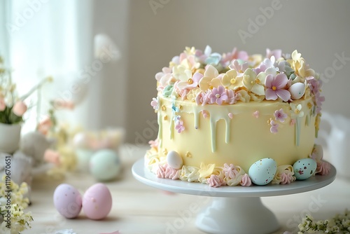 A Beautifully Decorated Easter Cake with Pastel Icing and Flowers photo