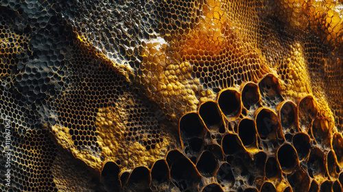 Abstract honeycomb macro texture. Agricultural or industrial layout. Aesthetic trend. Generative AI photo