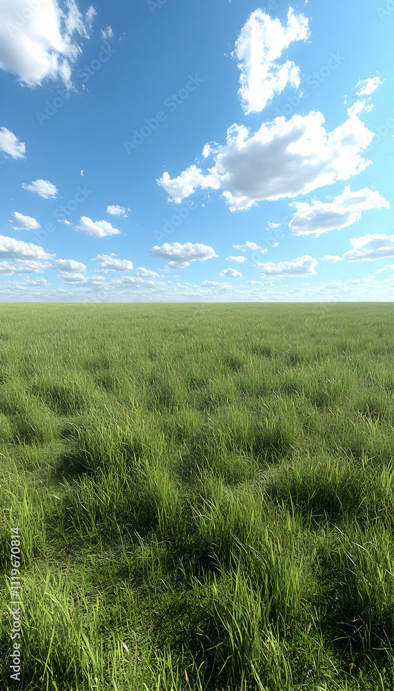 Lush green field under a bright blue sky with fluffy white clouds. (2)