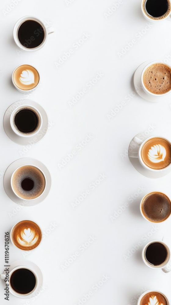 Fototapeta premium Different shades of coffee served in cups arranged on a white background in a cafe