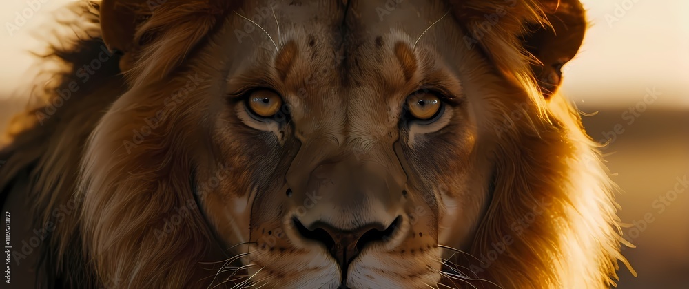 A close up of a lions mane glowing under the golden hour light with its sharp eyes focused A close up of a lions mane glowing under the golden hour light with its sharp eyes focused