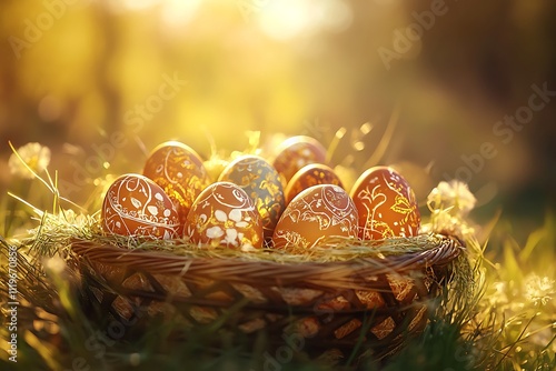 A Collection of Decorated Easter Eggs in a Basket with Pastel Colors photo