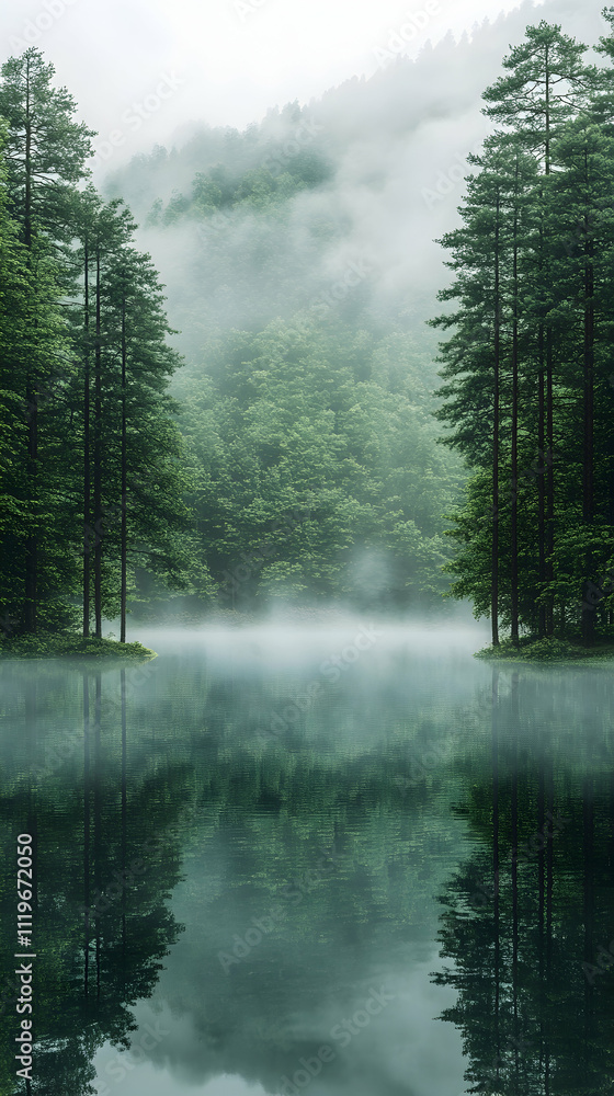 Misty lake reflecting lush green forest. Misty lake reflecting lush green forest.