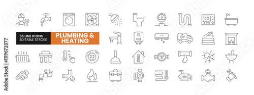 Set of 36 Plumbing and Heating line icons set. Plumbing and Heating outline icons with editable stroke collection. Includes Plumber, Pipeline, Repair, Boiler, Radiator, and More.