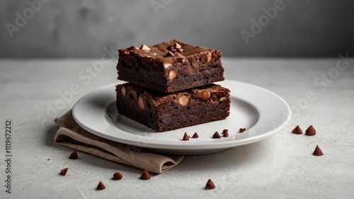 Square pieces of brownie stacked in white plate on a clean white background. Delicious chocolate breakfast. Copy space.