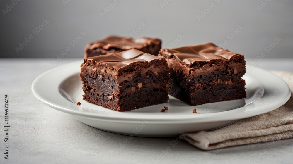 Square pieces of brownie stacked in white plate on a clean white background. Delicious chocolate breakfast. Copy space. Square pieces of brownie stacked in white plate on a clean white background. Delicious chocolate breakfast. Copy space.