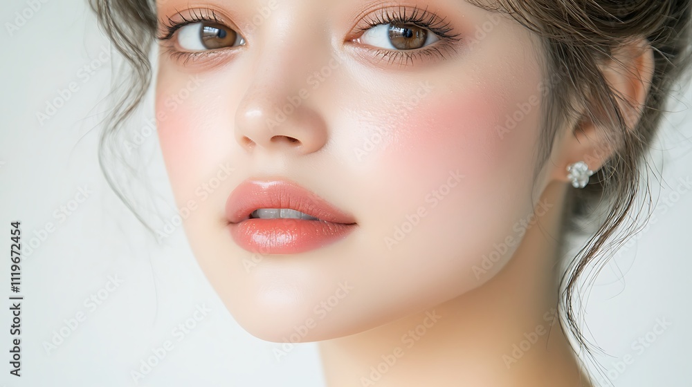 The close up image highlights a woman's flawless skin, radiating a natural glow, accentuated by minimalistic makeup that enhances her features without overpowering her beauty. The close up image highlights a woman's flawless skin, radiating a natural glow, accentuated by minimalistic makeup that enhances her features without overpowering her beauty.
