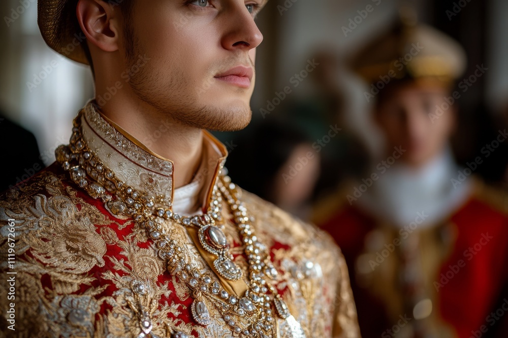 A man in intricate royal attire adorned with golden embroidery and jewels stands proudly, embodying nobility and historical elegance. A man in intricate royal attire adorned with golden embroidery and jewels stands proudly, embodying nobility and historical elegance.