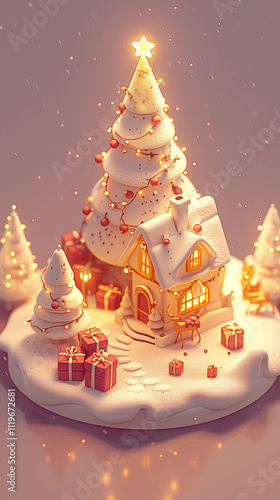 Christmas atmosphere featuring a cozy house, beautifully wrapped gifts, a deer figurine, white snow, a decorated Christmas tree, and a sweet festive vibe. 3D model made of clay and ceramic elements.