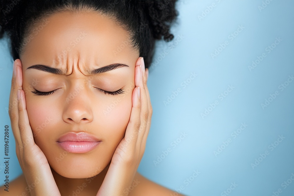 Woman with closed eyes relaxing while holding her face, expressing peaceful emotions Woman with closed eyes relaxing while holding her face, expressing peaceful emotions