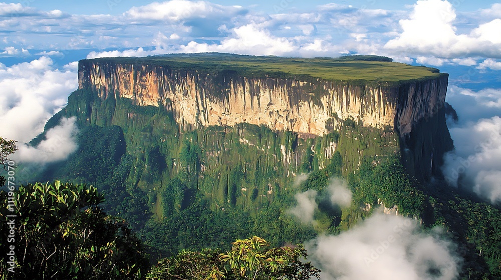 Fototapeta premium A mountain with a green forest on top and clouds in the sky