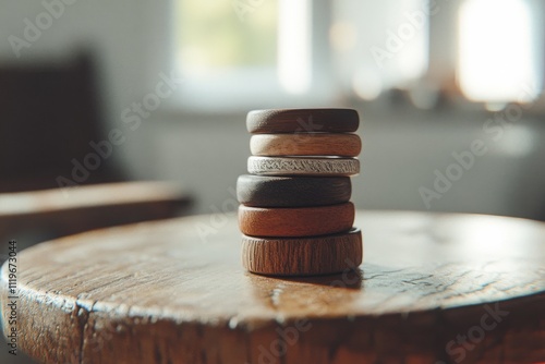 A similar set of wooden rings, neatly stacked, contrasts against a bright indoor light, highlighting each wooden hue. photo