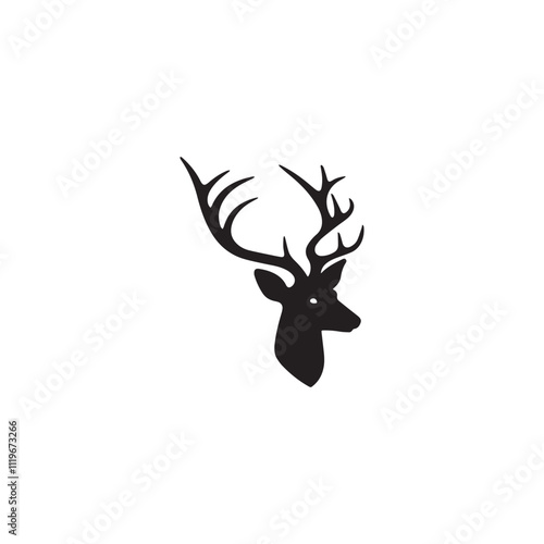 A black and white deer head silhouette vector design in white background.