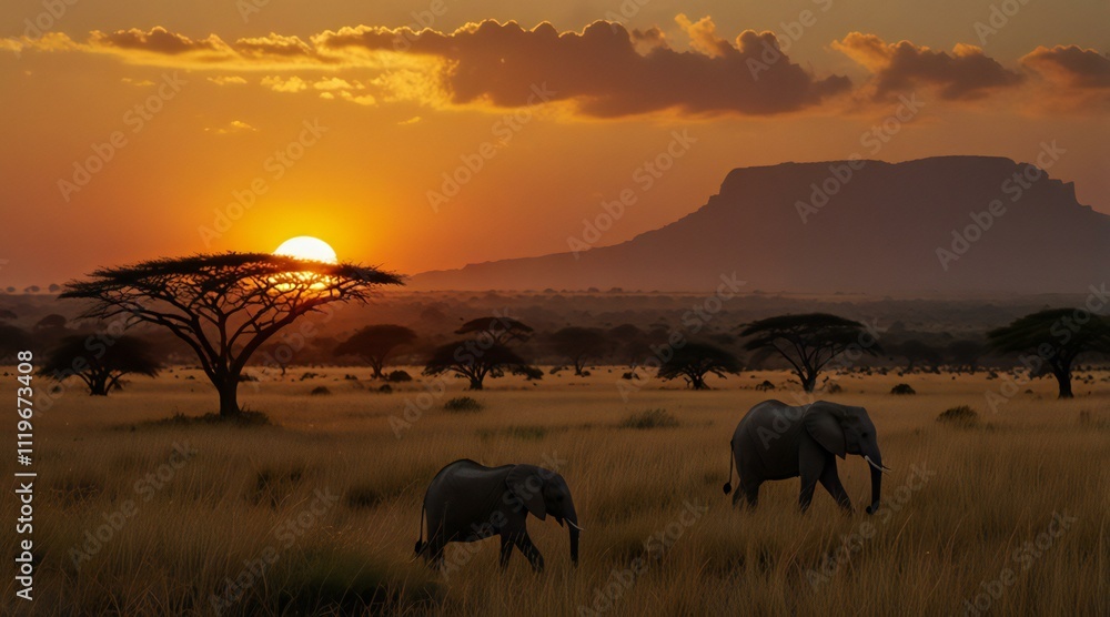 Fototapeta premium herd of elephants at sunset