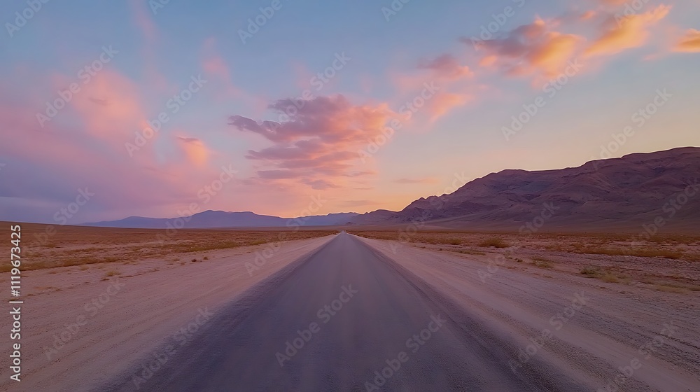 Desert Highway Sunset: Pink Clouds Over Nevada's Loneliest Road. AI Generated Desert Highway Sunset: Pink Clouds Over Nevada's Loneliest Road. AI Generated