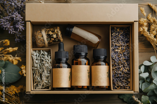 Natural remedy kit featuring a variety of herbs and essential oils, presented in a cardboard box, promoting a holistic approach to wellness photo