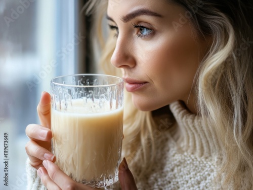 Woman holding a glass of rice drink, reflecting on its potential benefits for weight management