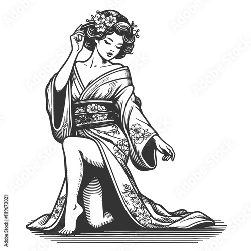 geisha in a floral-patterned kimono, asian woman sketch engraving generative ai fictional character vector illustration. Scratch board imitation. Black and white image.