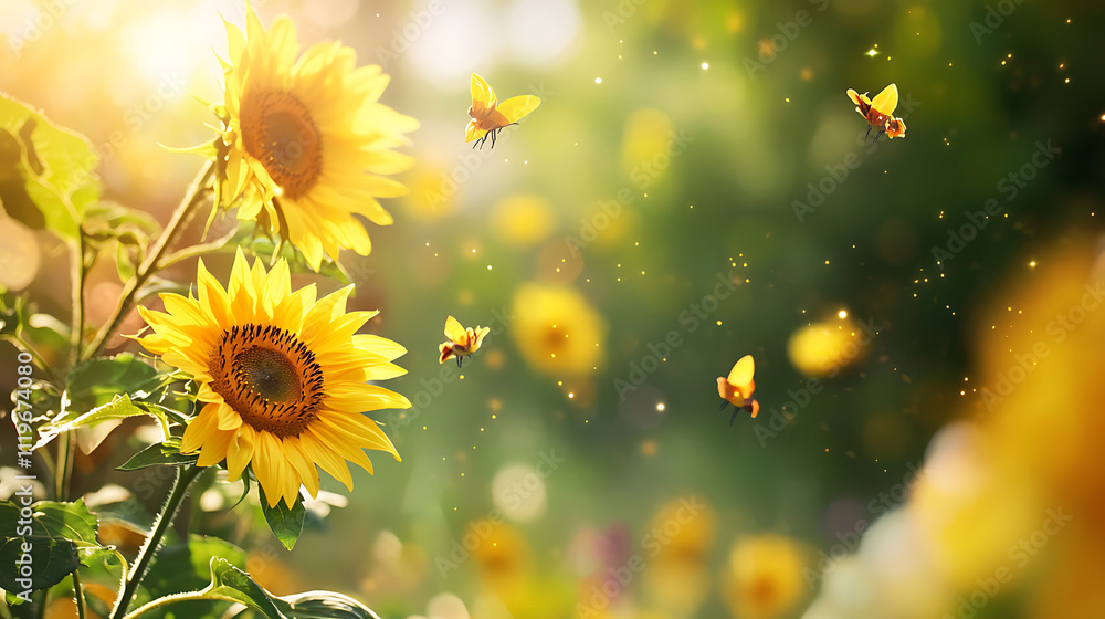 Bright sunflower field with bees buzzing around, creating lively atmosphere. vibrant yellow flowers stand out against soft, blurred green background, evoking feelings of joy and warmth Bright sunflower field with bees buzzing around, creating lively atmosphere. vibrant yellow flowers stand out against soft, blurred green background, evoking feelings of joy and warmth