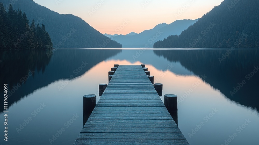 Serene sunrise over calm lake with wooden dock. Serene sunrise over calm lake with wooden dock.