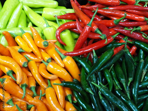 Many types of fresh chili peppers in various colors are available at the fresh market.