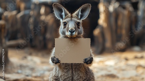 Kangaroo Holding Blank Cardboard Sign in Outback Desert Landscape photo