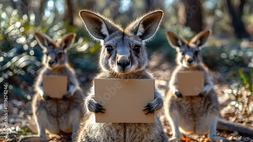 Kangaroo Holding Blank Cardboard Sign in Outback Desert Landscape photo