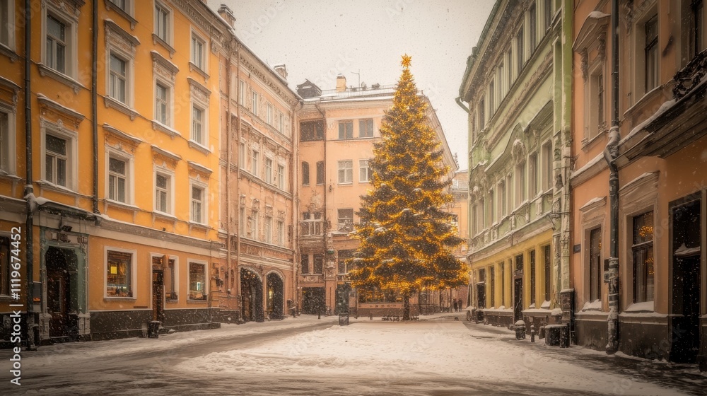 Obraz premium Festive City Street Scene with Christmas Tree and Snowy Winter Wonderland Atmosphere