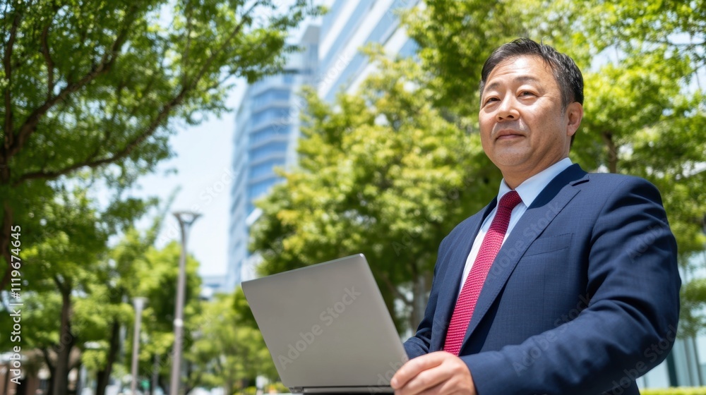 Professional man using laptop outdoors in modern urban environment