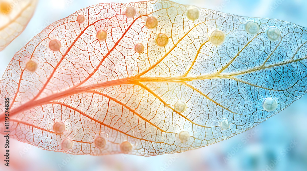 Obraz premium close up view of young leaf showcasing intricate cellular structures, with vibrant colors blending from orange to blue, creating serene and captivating natural pattern