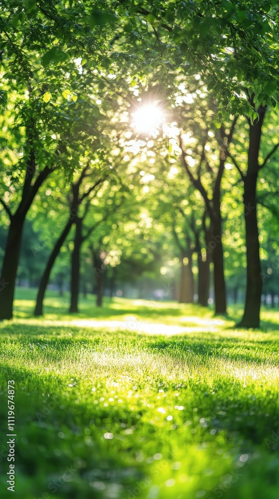 Fototapeta premium Sunlight filters through lush green trees in a serene park setting during midday