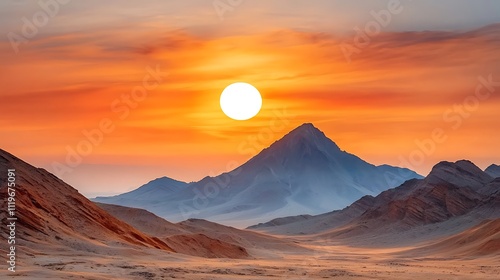 As the sun dips below the horizon, the reds, oranges, and purples of the fiery sunset dance across the sky, casting a warm glow over the desert canyon below photo