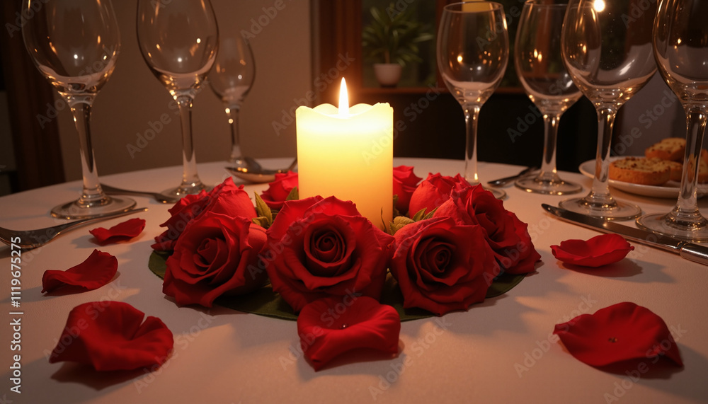 Romantic dinner setup with red roses and a candle centerpiece surrounded by wine glasses for Valentine's Day Romantic dinner setup with red roses and a candle centerpiece surrounded by wine glasses for Valentine's Day