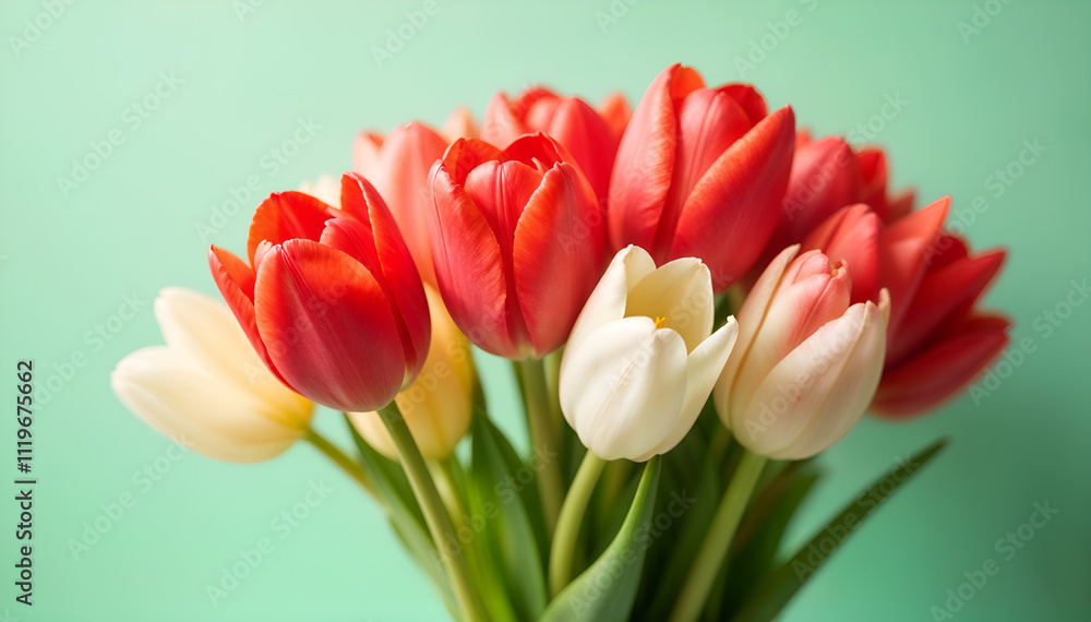 Red and white tulips in a glass vase on a mint background, symbolizing elegance and freshness. Generative AI Red and white tulips in a glass vase on a mint background, symbolizing elegance and freshness. Generative AI
