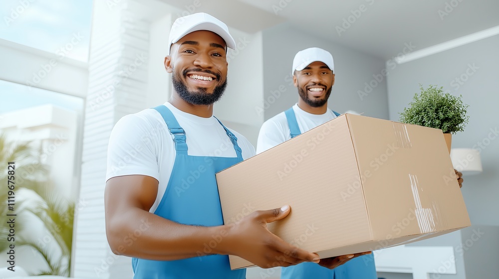 Smiling movers in uniform holding box and plant in bright modern living room Smiling movers in uniform holding box and plant in bright modern living room