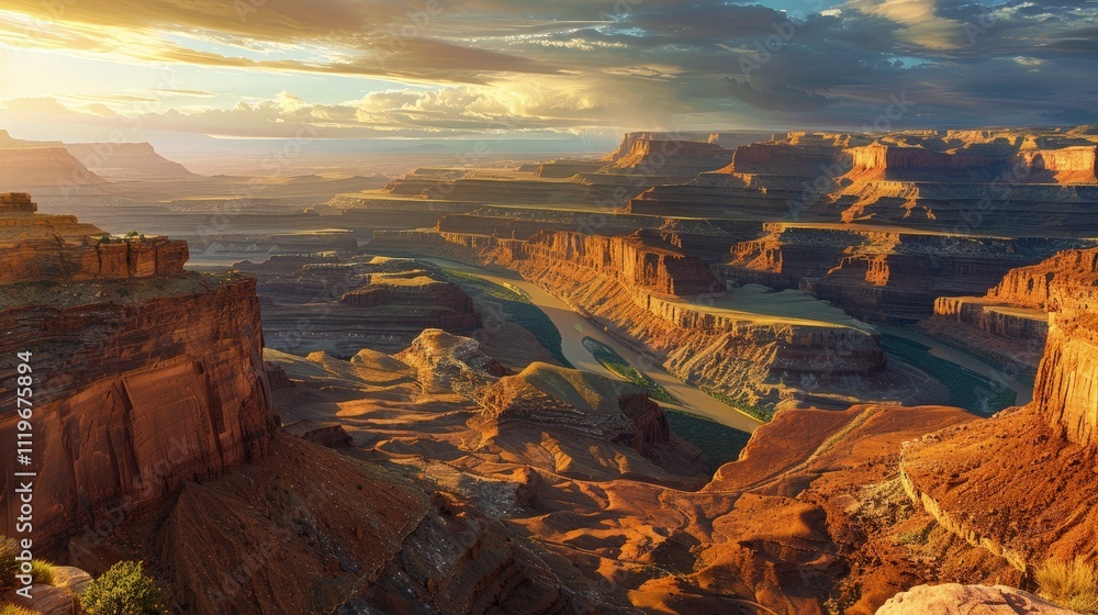 Fototapeta premium High-end photography of a dramatic canyon landscape with layered rock formations and a river below