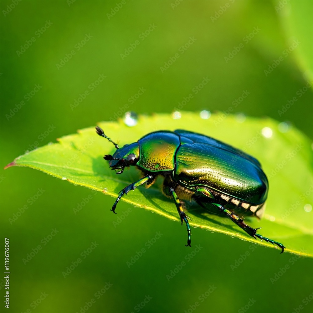A stunning green beetle perched on a sunlit leaf in a serene outdoor setting A stunning green beetle perched on a sunlit leaf in a serene outdoor setting
