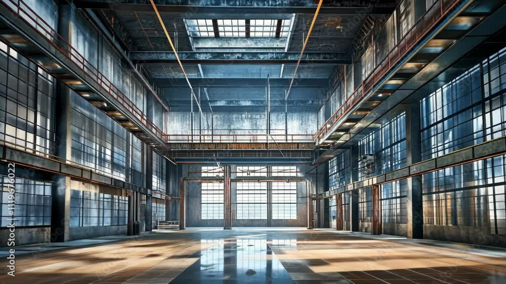 Large industrial space with high ceilings and expansive windows in a former factory building Large industrial space with high ceilings and expansive windows in a former factory building