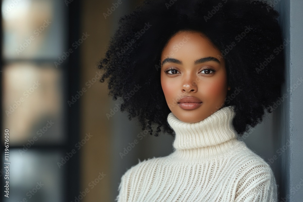 Woman with natural hair wearing a sweater poses confidently on a city street in autumn Woman with natural hair wearing a sweater poses confidently on a city street in autumn