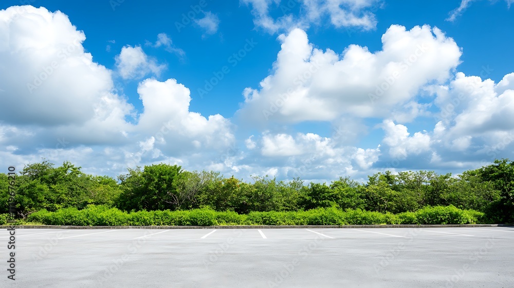 Fototapeta premium Tranquil Empty Parking Lot Surrounded by Lush Green Trees and Blue Sky