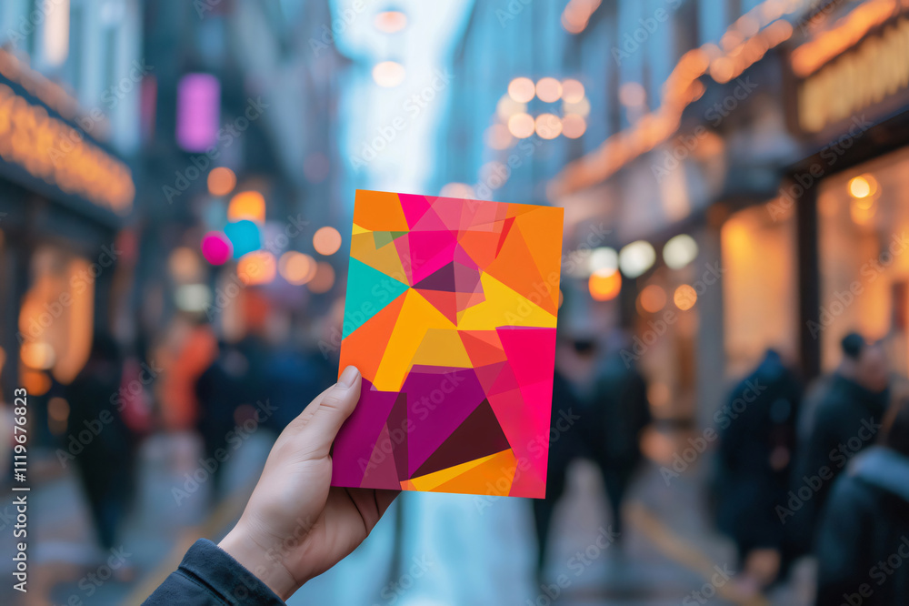 Fototapeta premium Hand holding a colorful, geometric flyer mockup in a blurred city street, ideal for showcasing designs and promotions