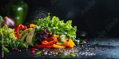 A colorful assortment of fresh vegetables and greens arranged artistically.