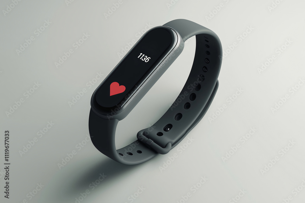 Modern fitness tracker showing heart rate and calories burned lying on a gray background Modern fitness tracker showing heart rate and calories burned lying on a gray background
