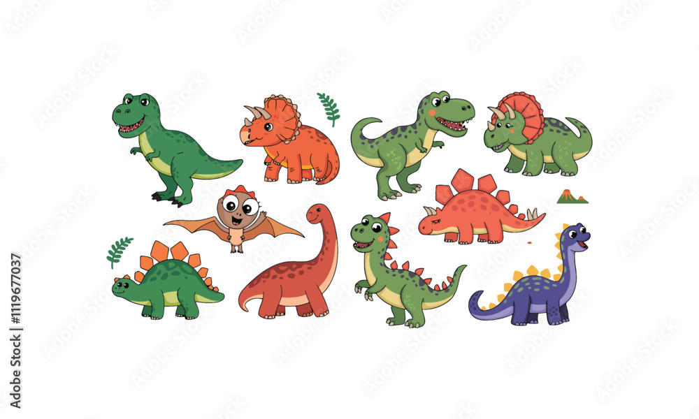 Fototapeta premium Cute Cartoon Dinosaurs Illustration with T-Rex, Triceratops, Stegosaurus, and Pterodactyl