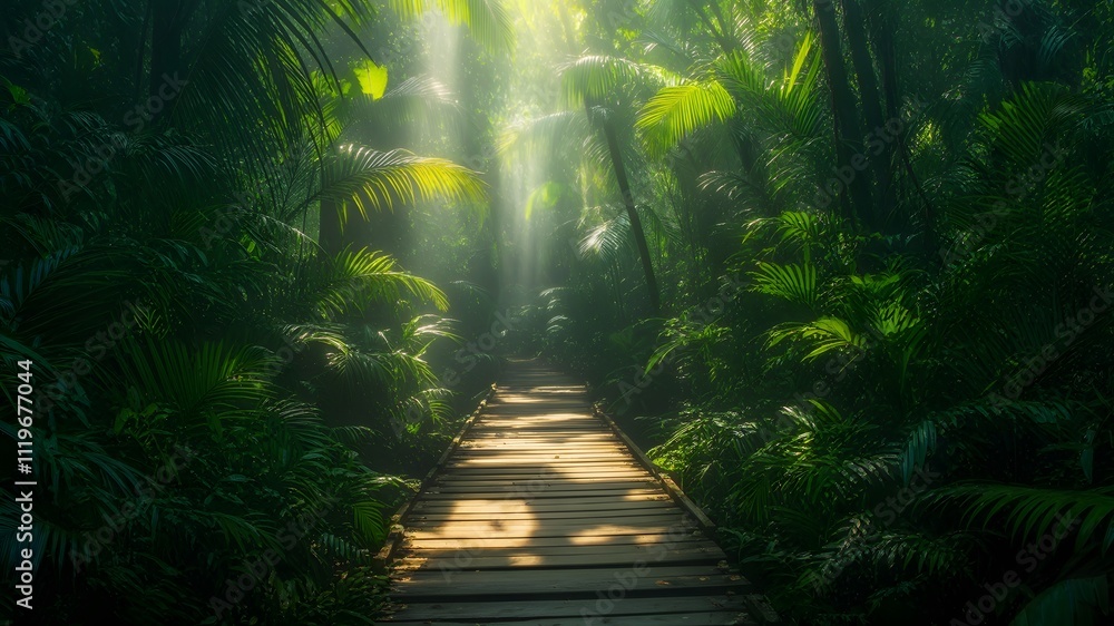 Obraz premium Wooden pathway through lush green tropical jungle with sunlight, serene nature walk concept, Pathway through a lush forest representing the way forward.