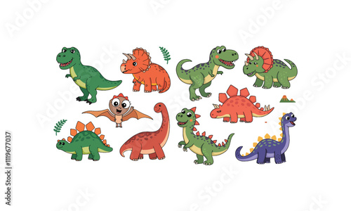  Cute Cartoon Dinosaurs Illustration with T-Rex, Triceratops, Stegosaurus, and Pterodactyl