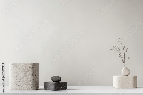 Decorative stone objects and vase with dried flowers on a minimalist shelf