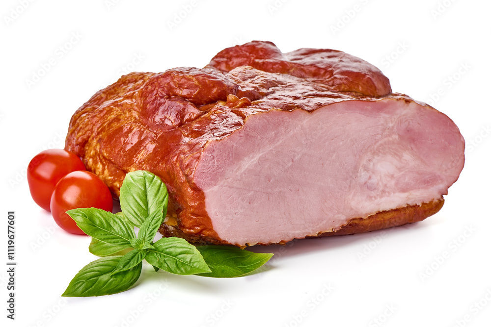 Roasted pork meat, smoked spicy glazed meat, isolated on white background. Roasted pork meat, smoked spicy glazed meat, isolated on white background.