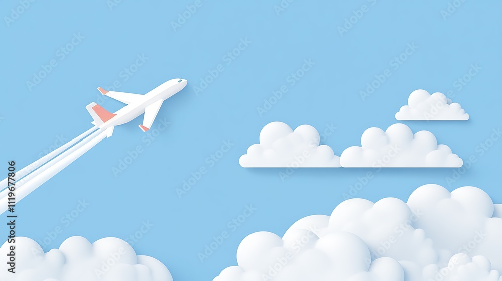 Airplane Flying Through a Clear Blue Sky with Fluffy White Clouds Airplane Flying Through a Clear Blue Sky with Fluffy White Clouds