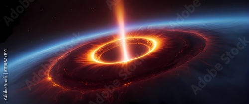 A black hole consuming a nearby star streams of hot plasma stretching toward its event horizon in brilliant colors